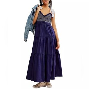 Free People Navy Blue Maxi Dress with Smocked Bodice